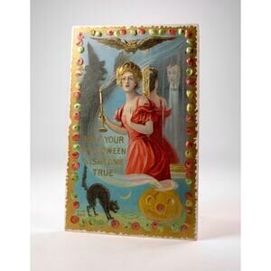 Antique Halloween Cat Witch Bat Postcard • M W Taggart Co. C1911 PA